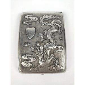 Indochina / China: Cigarette Or Card Case In Sterling Silver With Dragon Decor. Nineteenth Century