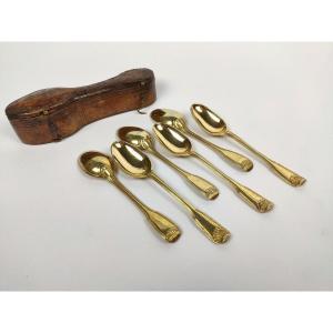 Strasbourg 18th Century: Six Fillet Shell Spoons In Sterling Silver Vermeil, In Leather Case. 18