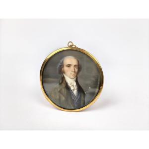 D Paillot : Fin Portrait Miniature D’homme & Composition De Cheveux Fin XVIIIe, Cadre en or