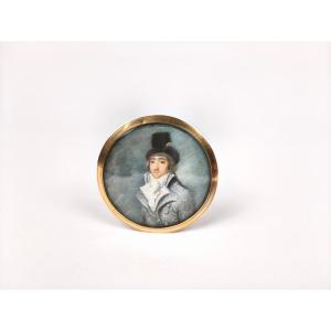 Miniature Portrait From The Revolutionary Period, Man With A Cockade, Gold Frame. 18th Century, Directory