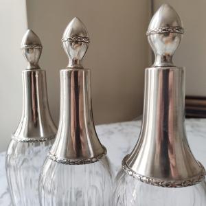 Adrien Mathiss: Beautiful Set Of Three Glass And Sterling Silver Alcohol Decanters, St Louis XVI