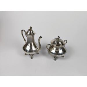 Flamand Et Fils: Orientalist Jug And Sugar Bowl In Guilloché Solid Silver. Late 19th Century