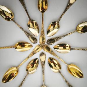 Puiforcat (d'ap): 12 Solid Silver & Gilt Art Nouveau Spoons With Irises Germany C1900