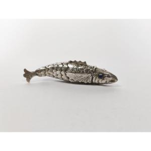 Judaica : Boite à épices Bessamim En Argent Massif En Forme De Poisson Articulé.