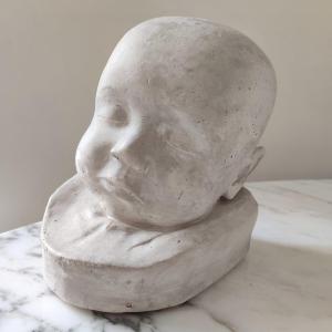Post Mortem Casting? : Plaster Infant Head. Modeled Portrait, 19th - 20th Century. Sculpture