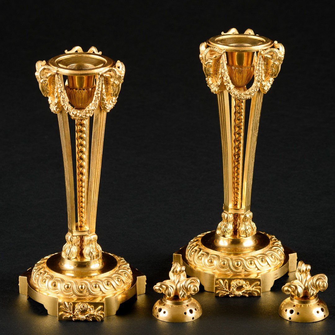 Louis XVI Period - Exceptional Pair Of Candlesticks / Cassolettes With Rams-photo-2