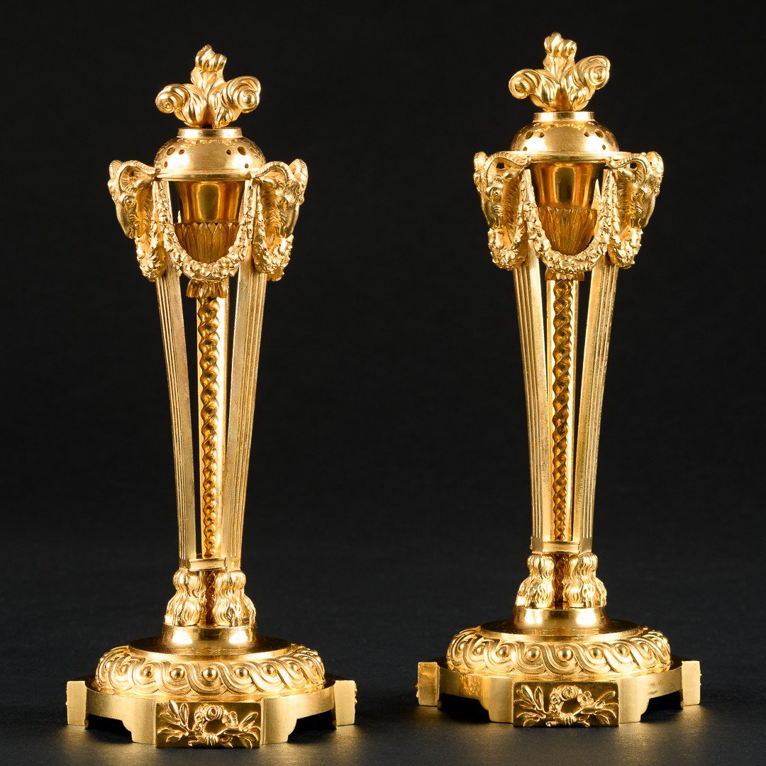 Louis XVI Period - Exceptional Pair Of Candlesticks / Cassolettes With Rams-photo-1