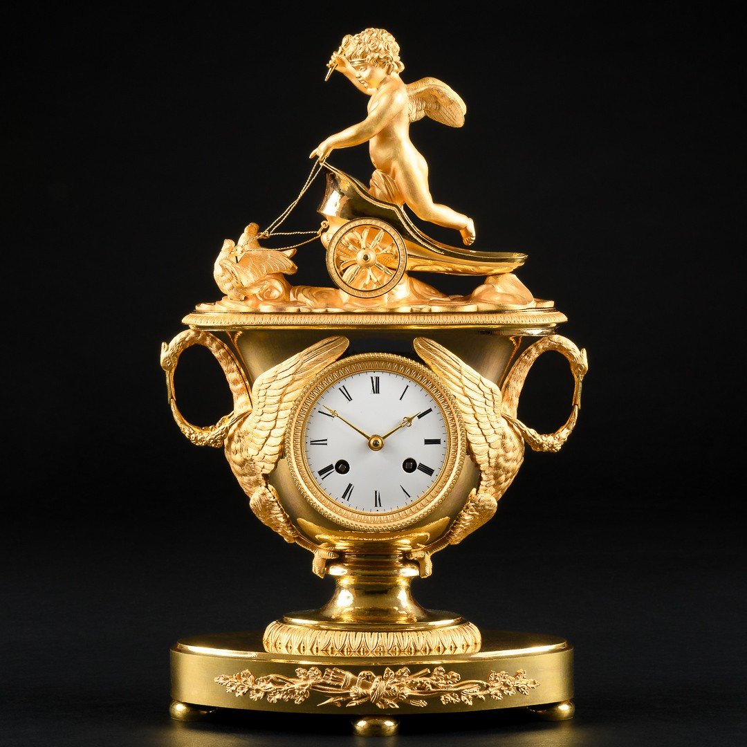 Magnifique Pendule De Cheminée Empire “ Eros Guidant Un Char ” 