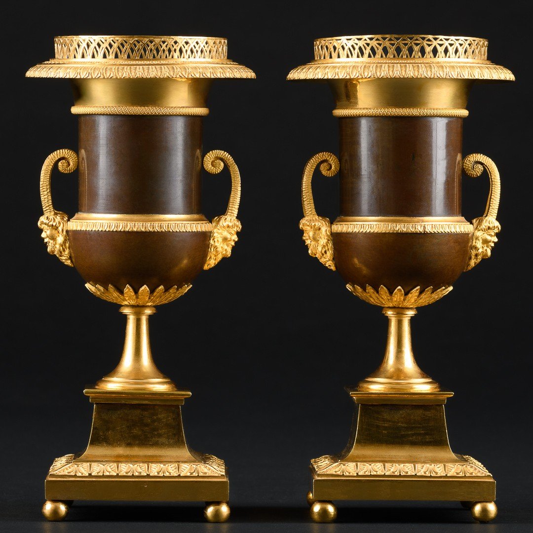 Exquise Paire De Vases Empire Médicis En Bronze Doré Et Patiné -photo-1