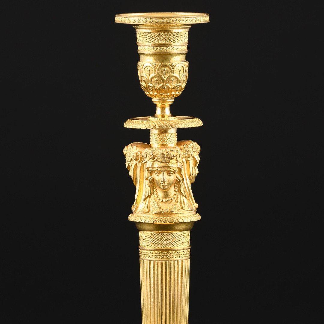 Claude Galle - Pair Of Empire Candlesticks With Classical Female Caryatid Heads-photo-4