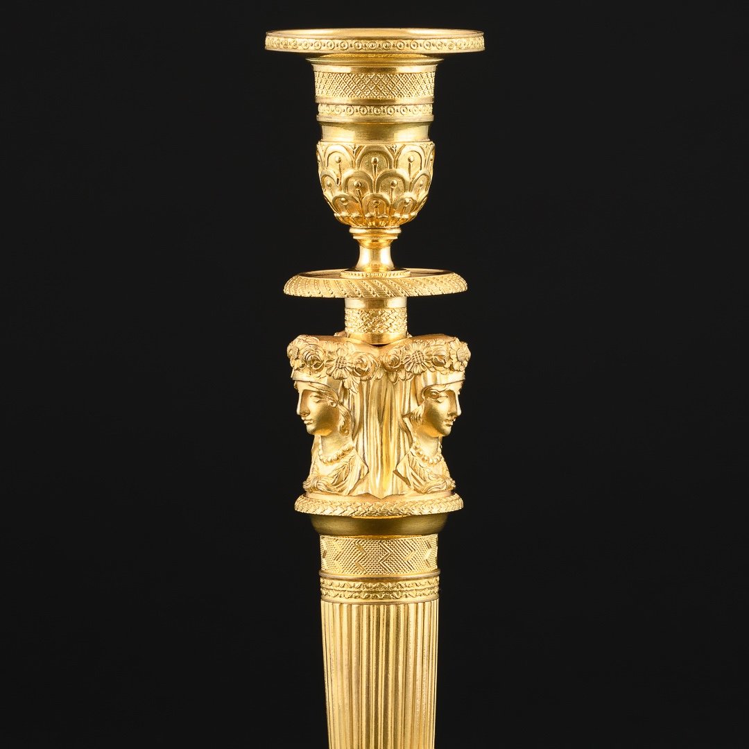 Claude Galle - Pair Of Empire Candlesticks With Classical Female Caryatid Heads-photo-3