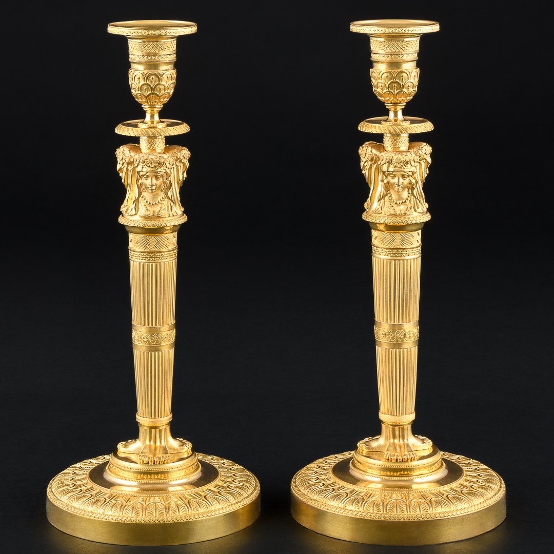 Claude Galle - Pair Of Empire Candlesticks With Classical Female Caryatid Heads