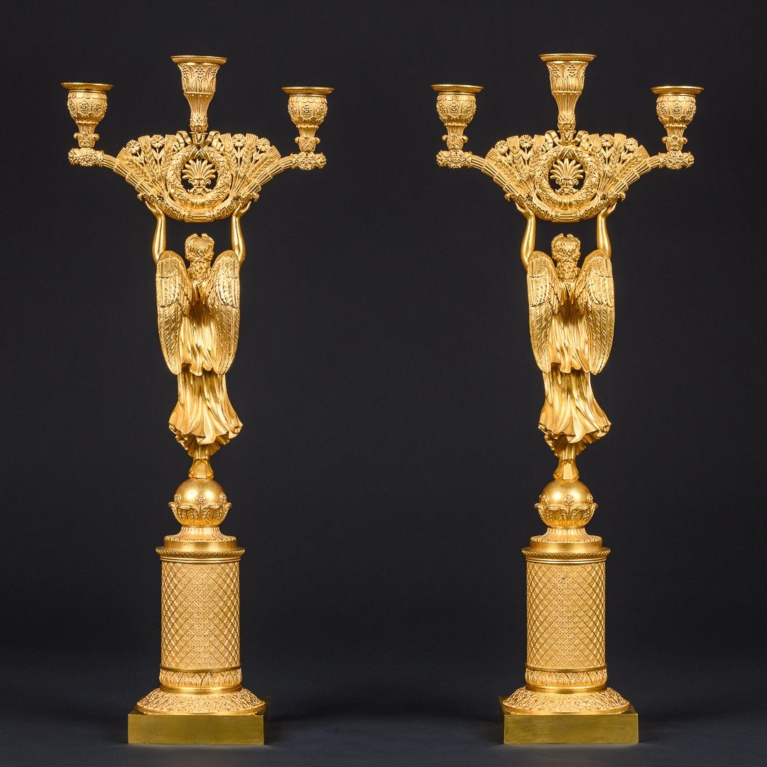 Empire Period - Rare Pair Of Candelabra With Winged Victories-photo-3