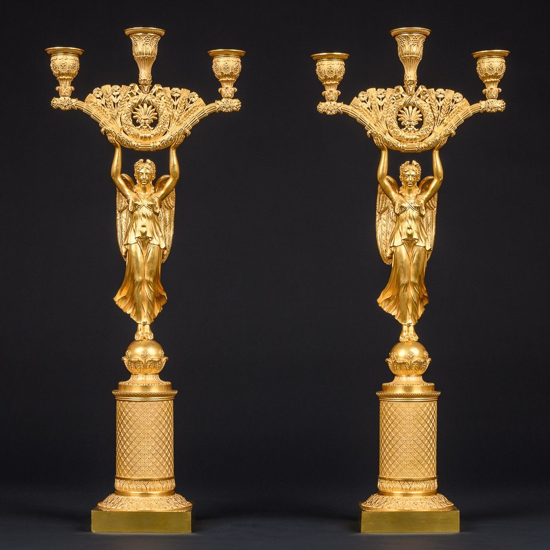 Empire Period - Rare Pair Of Candelabra With Winged Victories