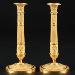 Sublime Pair Of French Empire Candlesticks With Zephyr Masks