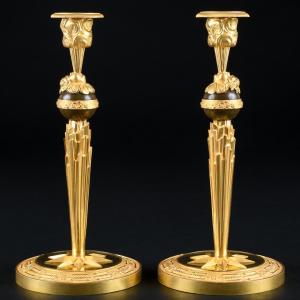 Claude Galle - Large Pair Of Early Empire Candlesticks With Zephyr - Circa 1805