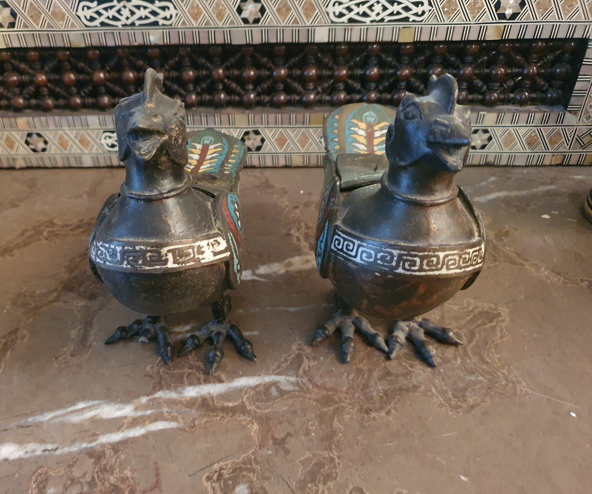 Rare Pair Of Birds Incense Burner In Cloisonne Bronze China Nineteenth-photo-3