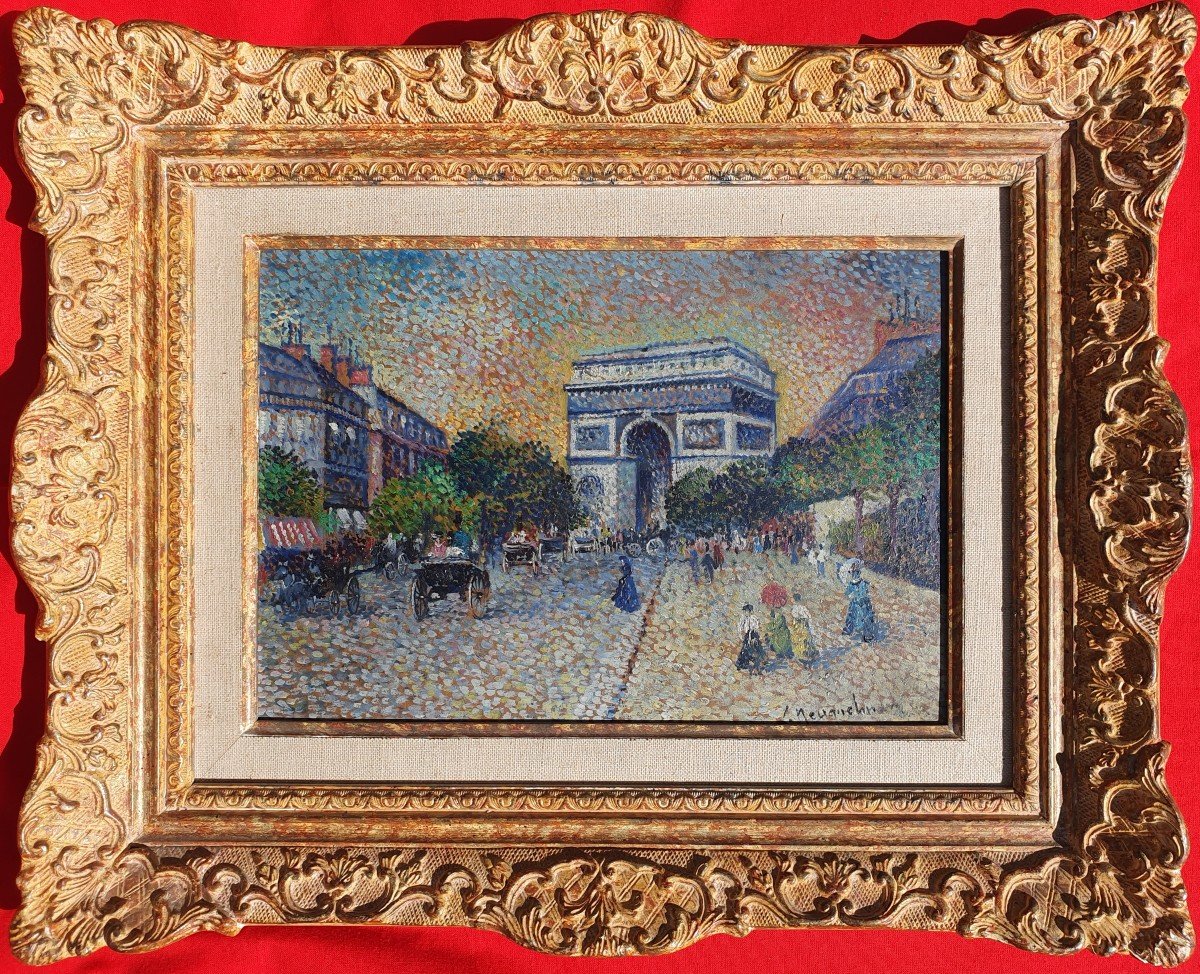 Lucien Neuquelman (1909-1988) Pointillist Painting By  Arc De Triomphe Champs-elysées Paris-photo-2