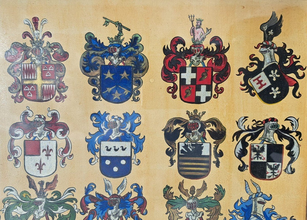 Original Gouache Late Nineteenth Representative 15 Coats Of Arms Or Coat Of Arms To Identify Heraldry-photo-2