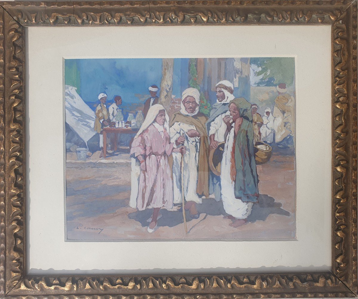 Léon Cauvy (1874-1933) Gouache Orientaliste Marché Arabe Algerie-photo-2