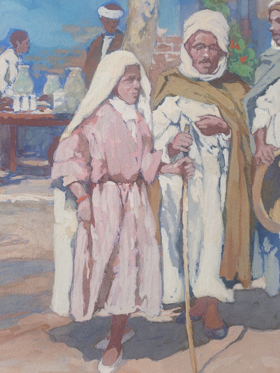 Léon Cauvy (1874-1933) Gouache Orientaliste Marché Arabe Algerie-photo-3