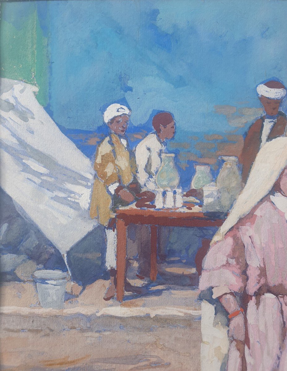 Léon Cauvy (1874-1933) Gouache Orientaliste Marché Arabe Algerie-photo-1