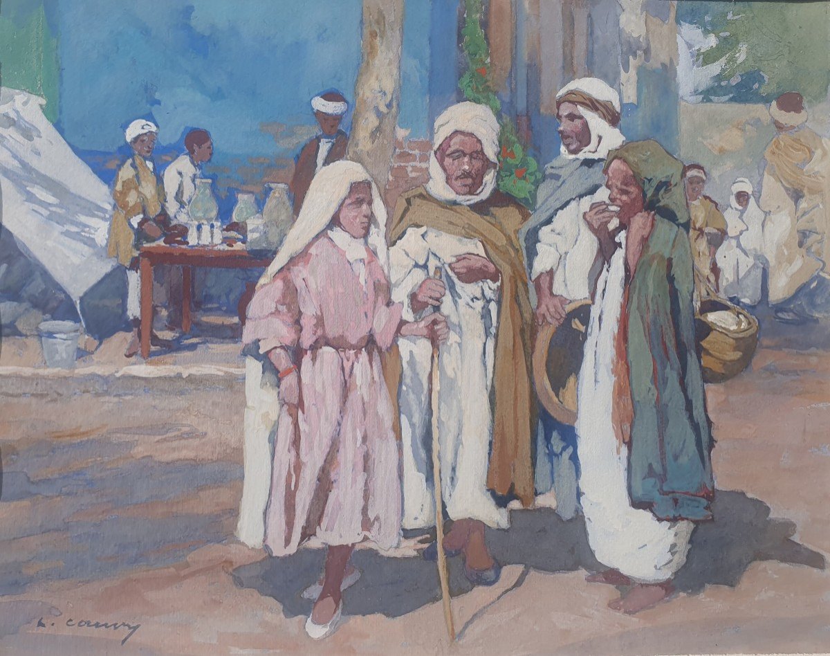 Léon Cauvy (1874-1933) Gouache Orientaliste Marché Arabe Algerie