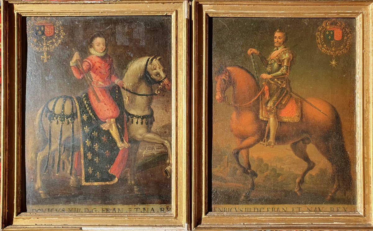 Equestrian Portrait Of Louis XIII As A Child And Henry IV Oil On Copper 17th Century King Of France