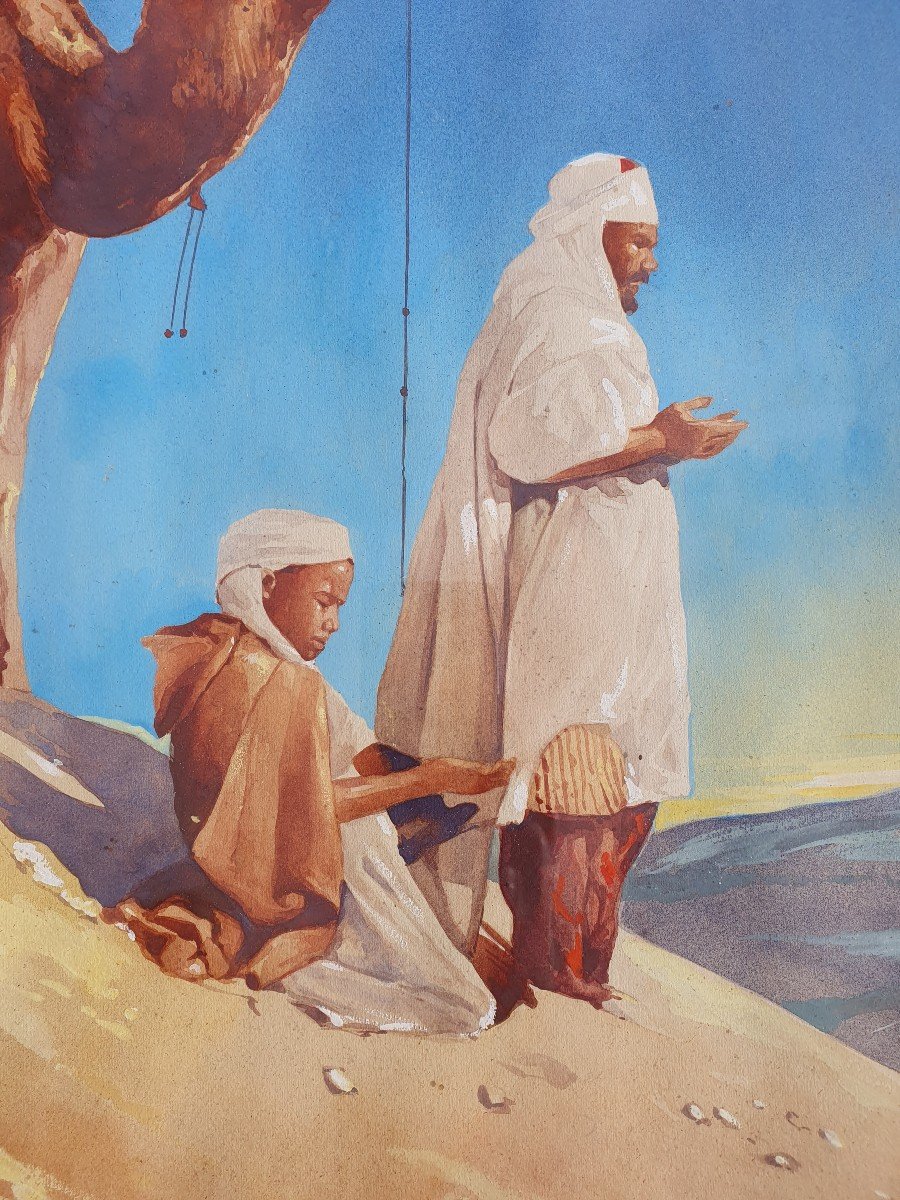 Andre Herviault (1884-1969) Tableau Orientaliste Bedouins En Prière XXe Peintre Voyageur-photo-3