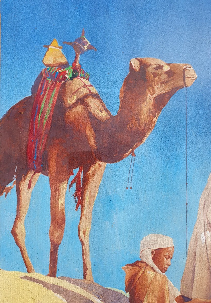 Andre Herviault (1884-1969) Tableau Orientaliste Bedouins En Prière XXe Peintre Voyageur-photo-4