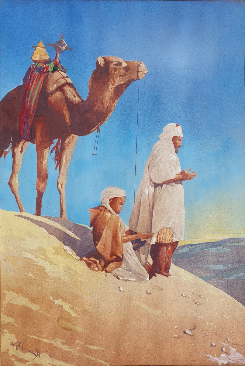 Andre Herviault (1884-1969) Tableau Orientaliste Bedouins En Prière XXe Peintre Voyageur