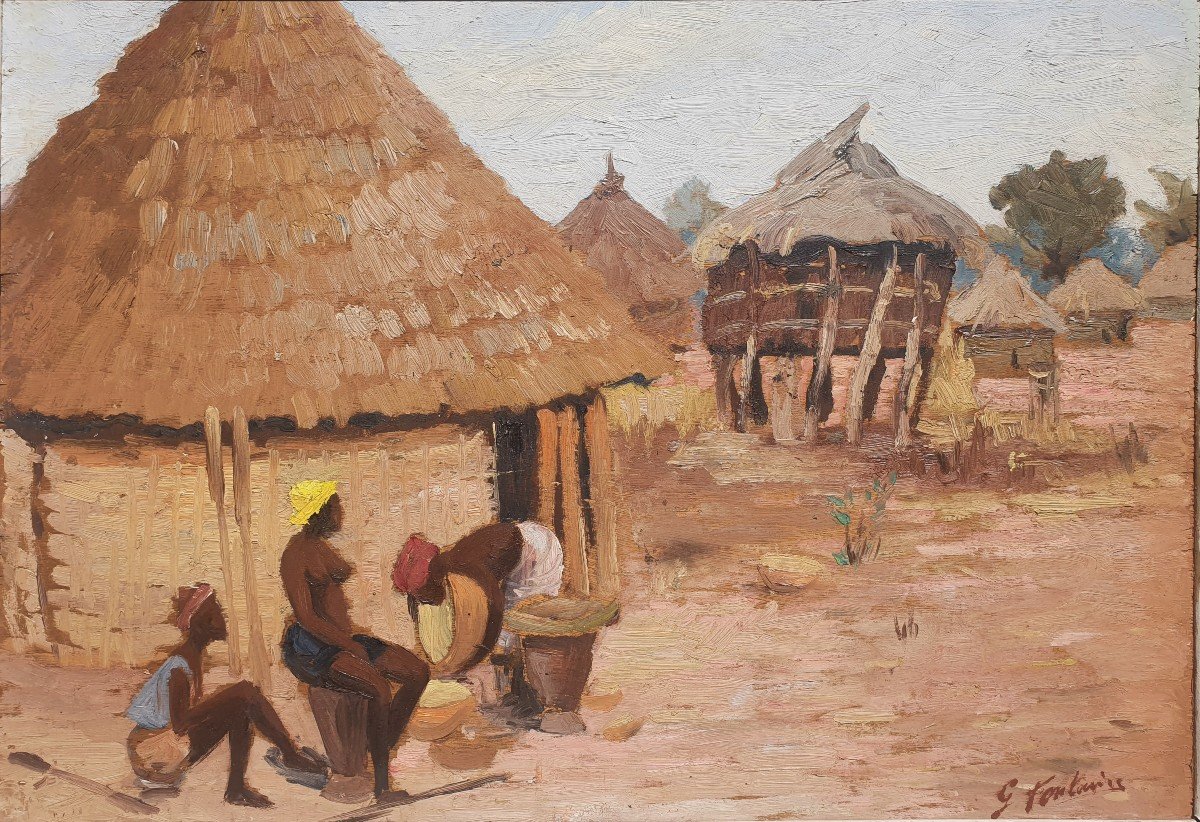 Tableau Scène Africaine Village De Sambaillo Gustave Fontaine Haute  Guinée 1938 Africaniste-photo-2