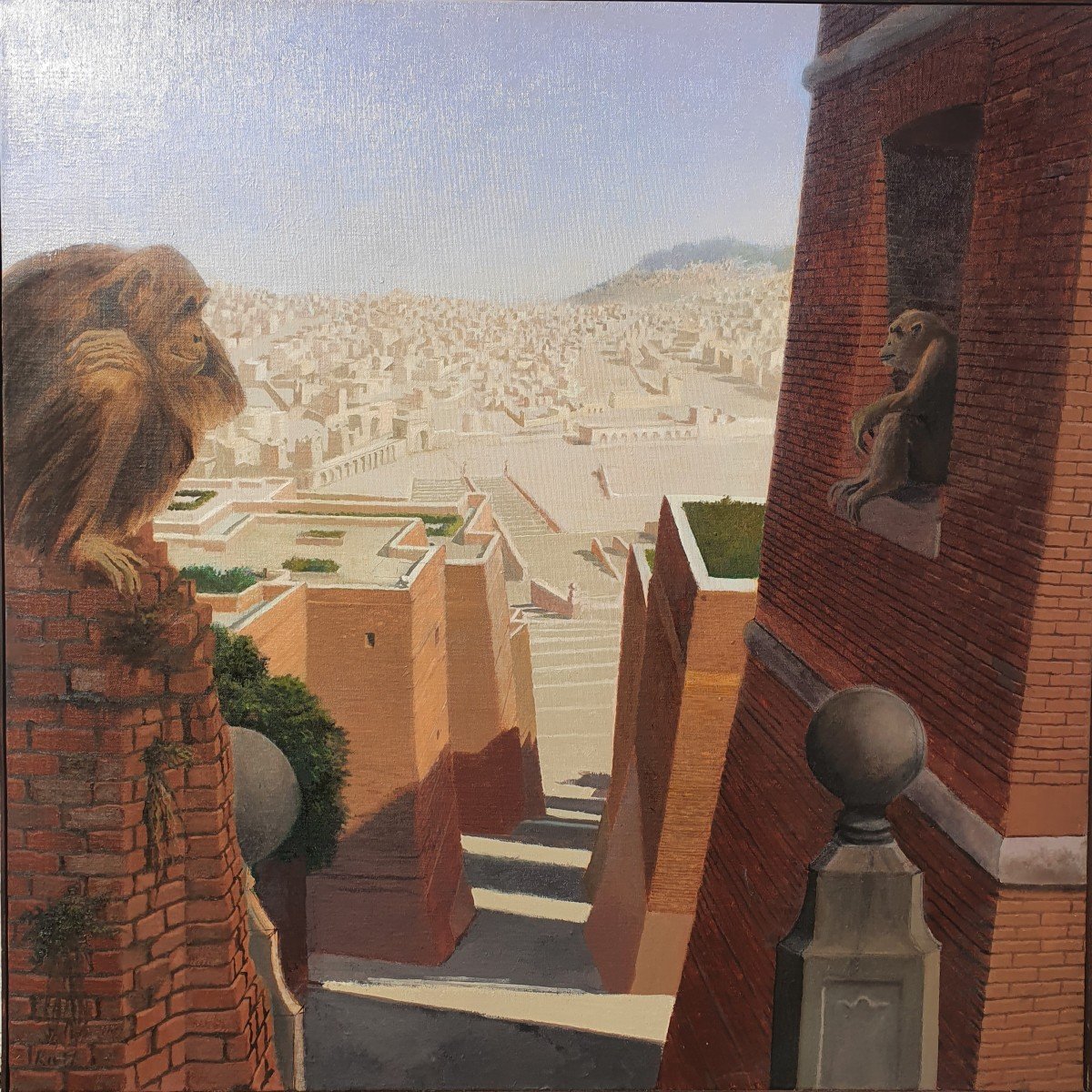 Large Oil On Canvas In "trompe l'Oeil" Of The Painter Fabio Rieti XXth The Monkeys-photo-4