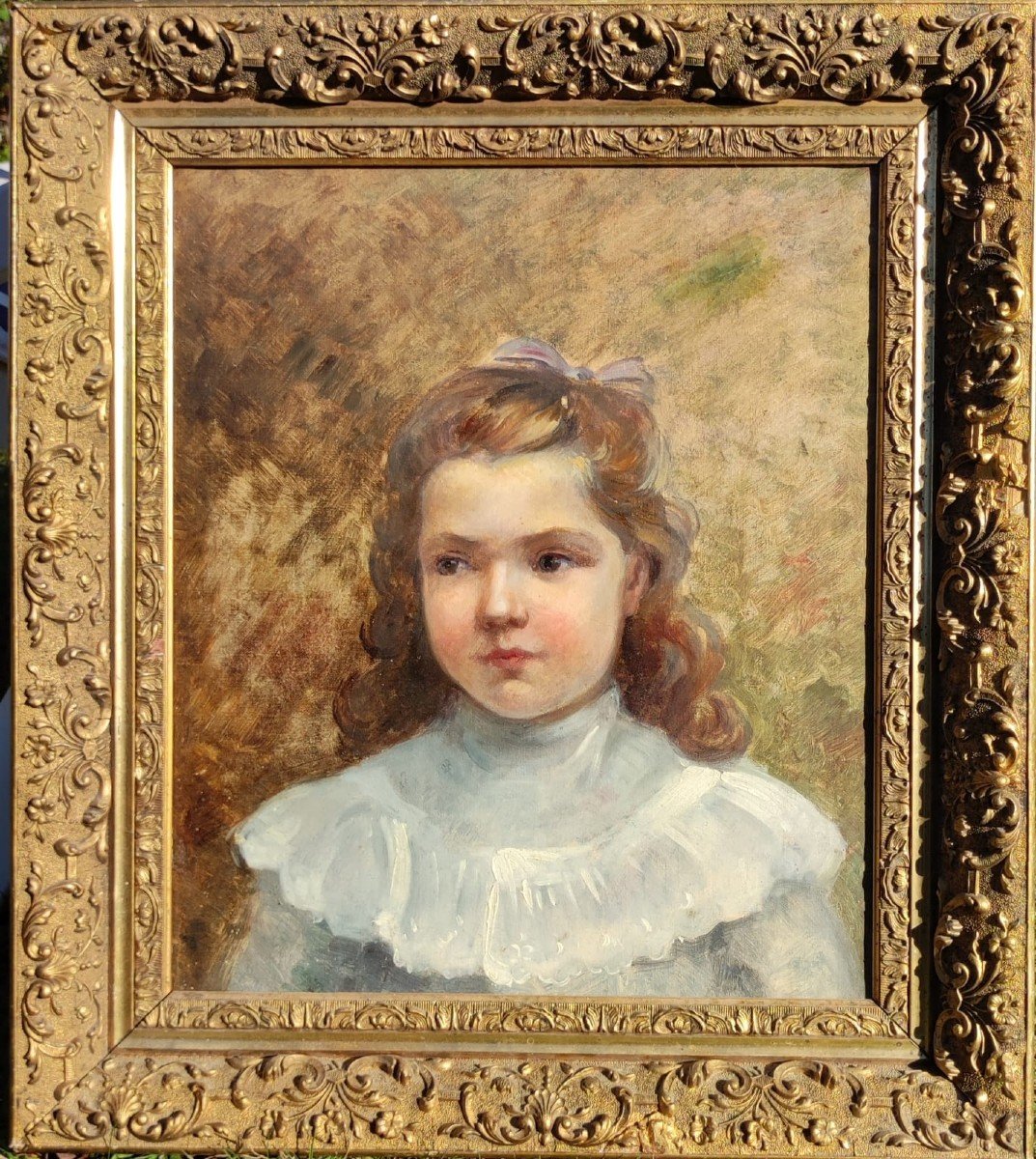 Lovely Portrait Of A Little Girl, Circa 1900 Oil On Canvas