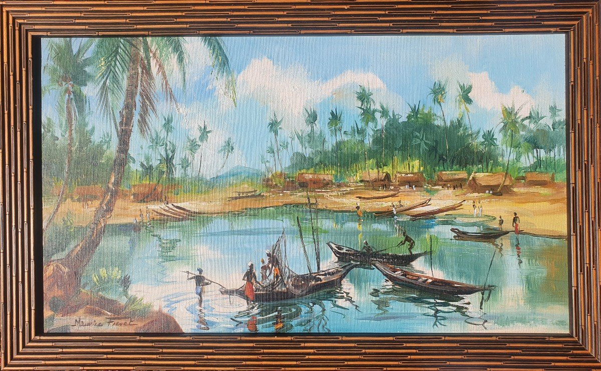 Tableau Huile Sur Toile Paysage Africain Signée Maurice Fievet (1915-1997)