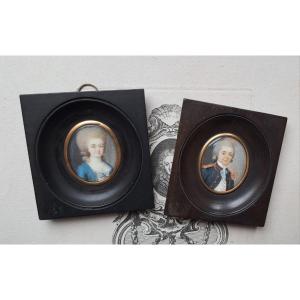 Deux Miniatures d'époque Louis XVI, Portrait De Femme Et D’homme De La Noblesse