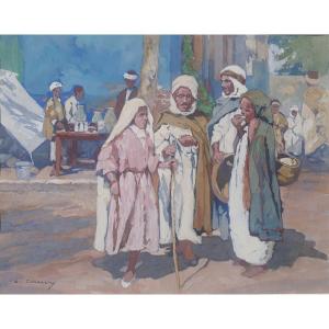 Léon Cauvy (1874-1933) Gouache Orientaliste Marché Arabe Algerie