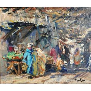 Henri Jean Pontoy (1888-1968) Le Souk Maroc Tableau Orientaliste