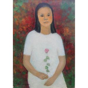 Portrait Of A Young Asian Woman Signed Simone Hou, China Vietnam Asia XXe