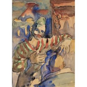 Aquarelle Sur Papier Signée Pierre Ambrogiani (1907-1985) Cirque, Clown, Expressionniste