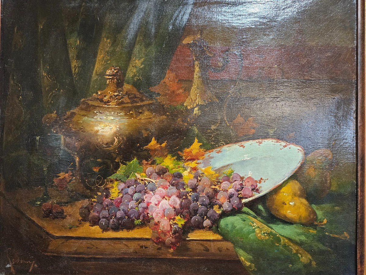 Belle Nature Morte 19eme Raisins Et Coupe Sur Table, Huile Sur Toile-photo-3