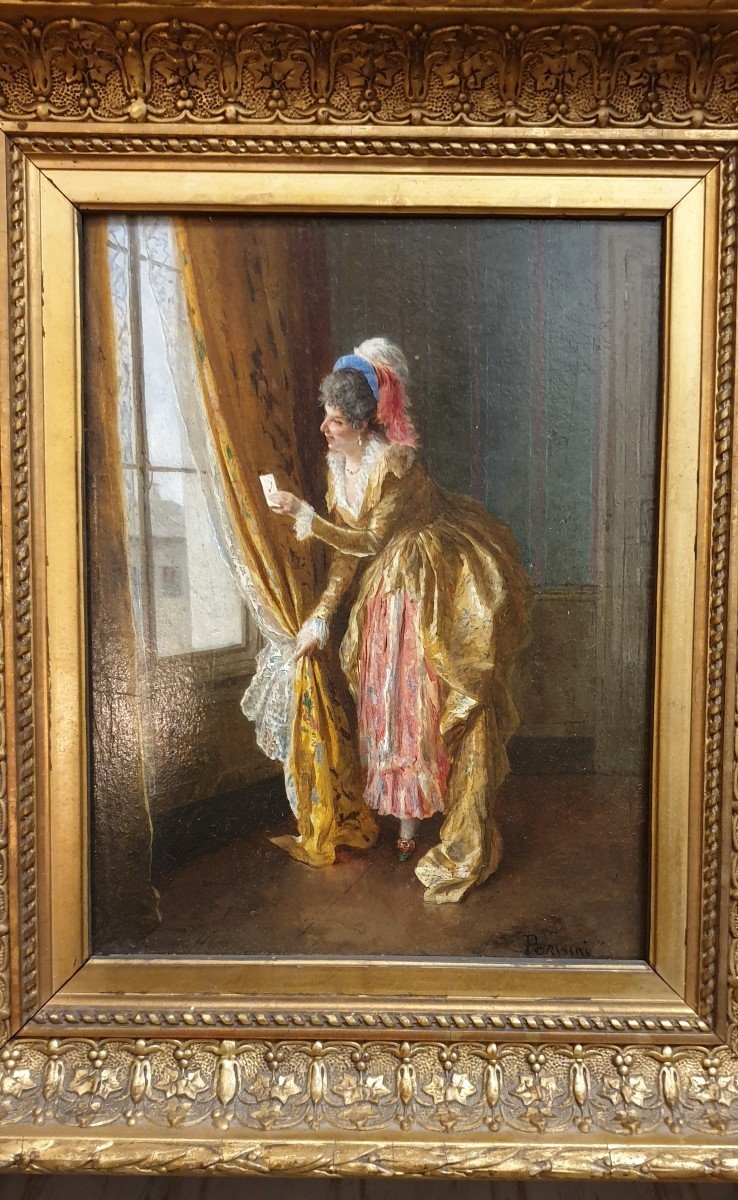 Oil On Wood, Woman At The Window Signed Parisini, Late 19th.