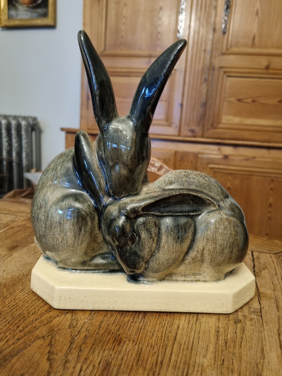 2 Beauvais Ceramic Sculptures, Group Of Rabbits-photo-2