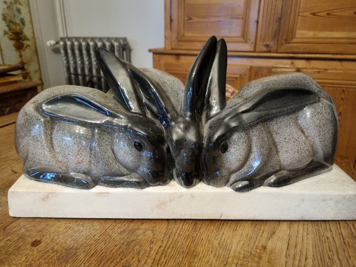 2 Beauvais Ceramic Sculptures, Group Of Rabbits-photo-4