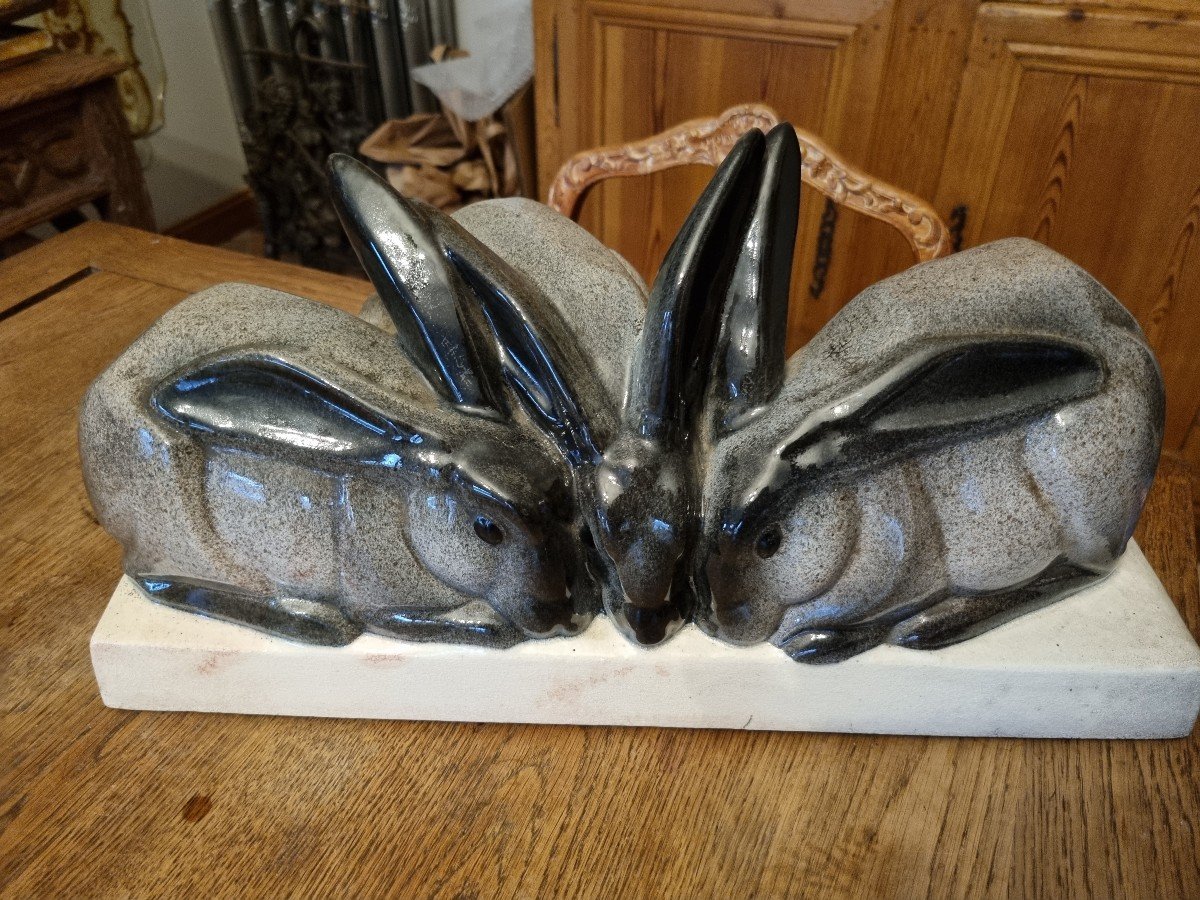 2 Beauvais Ceramic Sculptures, Group Of Rabbits-photo-7