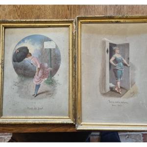 Pair Of Naughty And Humorous Art Nouveau Gouaches Signed Susie