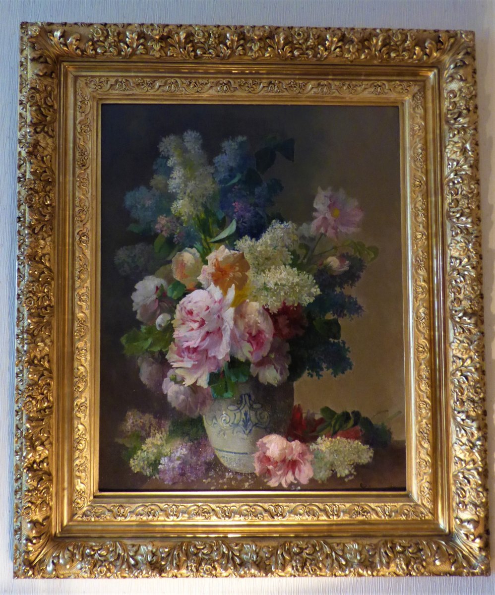 Composition Florale Pivoines Et Lilas époque 19ème