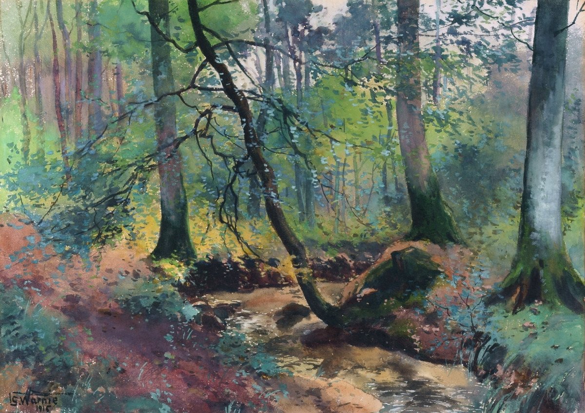 Stanislas Warnie (1879-1958), Paysage Forestier Estival, 1915 / - La Promenade En Forêt -