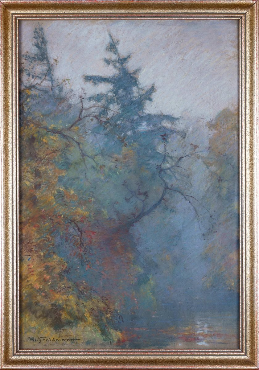 Wilhelm Feldmann (1859-1932), Paysage d'Automne Impressionniste Avec Lac, Vers 1905-photo-3