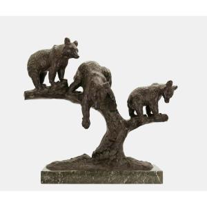 Anton Büschelberger (1869-1934), Groupe d'Ours Sur Un Arbre, Vers 1925 / - La Nature Des Ours -